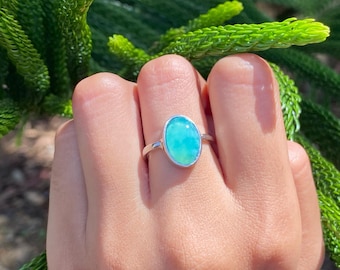 Gems Silica Ring 11x9mm Oval Aqua Stone US 6 Stainless Steel