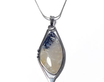 Dendrite Agate Pendant Necklace: Scenic Stainless Steel Jewelry