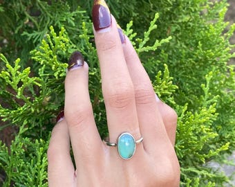 Anillo de sílice con gema hecho a mano: Calcedonia crisocola rara, talla 9