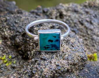 Anillo de sílice con gema hecho a mano: Plata de ley 925, crisocola y calcedonia, talla 6