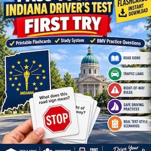 May include: A set of 100+ printable flashcards for the Indiana driver's test. The cards feature a stop sign graphic and text asking, What does this road sign mean? The design includes the Indiana state flag, a building, and icons for road signs, traffic laws, right-of-way rules, safe driving practices, and test scenarios.