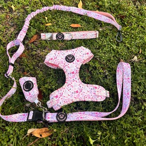 Pink Floral Dog Harness, Collar & Leash Set - Hands-Free Multifunctional Leash with Poop Bag Holder for Comfortable Walks