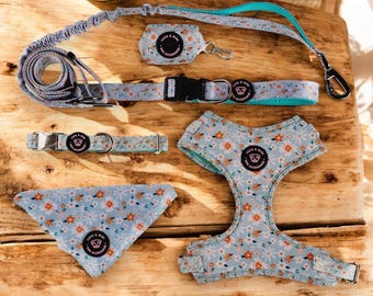 Floral Dog Harness, Collar & Leash Set - Hands-Free Multifunctional Leash with Poop Bag Holder for Comfortable Walks