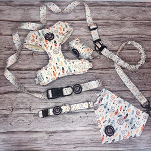 May include: A white dog harness with a colorful feather and compass pattern, a matching leash, and a bandana. The set also includes a poop bag holder.