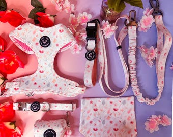 Dog Harness Set - Pink Floral Design with Collar Hands-Free Multifunctional Leash and Poop Bag Holder for Comfort & Control