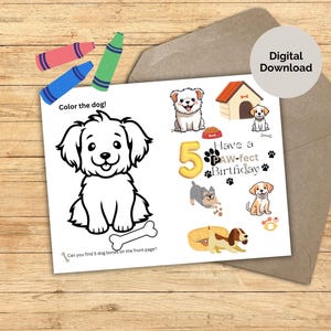 Carte d'anniversaire pour chiot de 5 ans, carte d'anniversaire de chien pour enfants, carte pour amoureux des chiens, carte interactive pour enfant de 5 ans, carte à colorier pour enfants