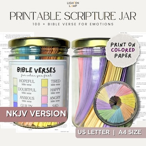 May include: Printable Scripture Jar with 100+ Bible verses for emotions. The jar is filled with colourful paper strips. The jar is labelled with the words "Bible Verses for when you feel" and lists different emotions like "Hopeful", "Tired", "Doubtful", "Happy", "Anxious", "Angry", "Guilty", and "Sad". The jar is labelled with "NKJV Version".