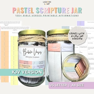 May include: A pastel colored glass jar filled with small slips of paper with Bible verses printed on them. The jar is labeled "Bible Verses Affirmation Scriptures" and has a label with the words "Love, Faith, Identity, Provision". The jar is sitting on a white surface with a pink and yellow background. The text "KJV Version" is printed below the jar. The text "Comes with a low ink version" is printed on a white rectangle with a pink border. The text "US Letter | A4 Size" is printed below the jar.