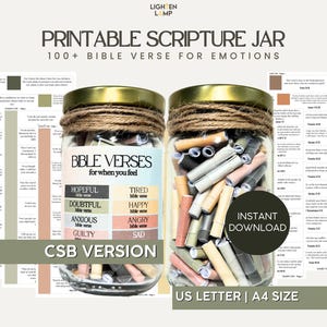 May include: Printable Scripture Jar containing over 100 Bible verses for emotions. The jar is filled with rolled up paper slips and features a label that reads "Bible Verses for when you feel." The label is divided into sections for different emotions, including hopeful, doubtful, anxious, guilty, tired, happy, angry, and sad. The jar is labelled "CSB Version" and is available in US Letter or A4 size.