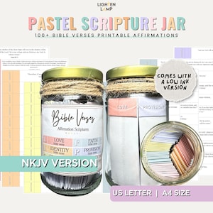 May include: Pastel coloured glass jars filled with small slips of paper, labelled "Bible Verses Affirmation Scriptures". The jars are decorated with twine and labels with the words "Love", "Faith", "Identity", and "Provision". The image also includes a printable sheet with Bible verses and the text "Comes with a low ink version".
