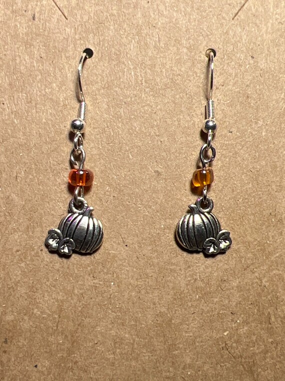 Pumpkin Dangle earrings, silver tone, orange beads