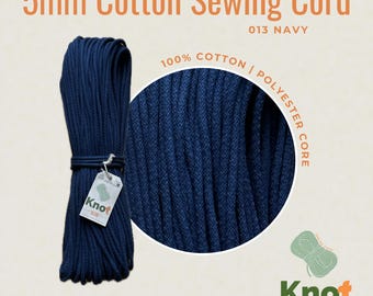 Navy Cotton Sewing Cord: 5mm Braided Rope, Polyester Core - 100m ZigZag Sewing Bag Making