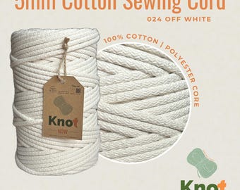 Off White Cotton Sewing Cord: 5mm Braided Rope, Polyester Core - 100m ZigZag Sewing
