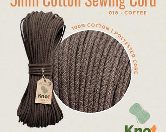 Brown Coffee  Cotton Sewing Cord: 5mm Braided Rope, Polyester Core - 100m ZigZag Sewing