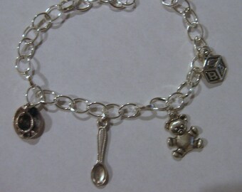 Teddy, Bear, block, spoon, cup, Silver plated bracelet,  7.5"  (19 cm) TB4