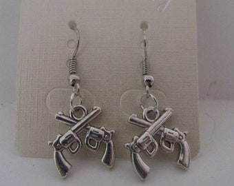 Earrings, Wild West, Double Gun, French Hook, 3-D Charm  DG