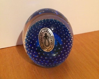 Paper Weight, Pilgrim Glass, hand blown glass, Cobalt blue, DoubleBlown, Controlled Bubble Dome, 2 7/8" diameter