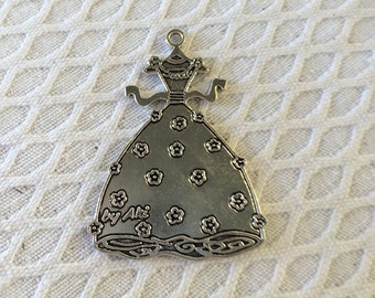 Princess, Dress, Antique silver, pewter, pendant, charm, 2" tall     PD1