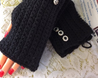 Black, Fingerless, Gloves, Ladies, Crocheted, Acrylic button accents