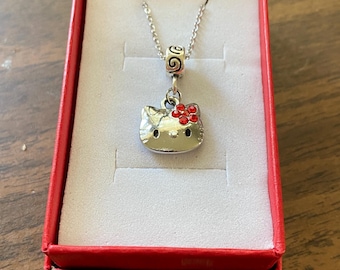 Cat Pendant, Red Rhinestones, 20" Stainless Steel Chain Necklace