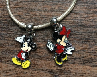 Minnie & Mickey Charms, on silver plated, European, Bracelet, love clasp