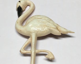 1930-40s Florida souvenir pin, Celluliod, hand painted, Flamingo, 2 1/2” long