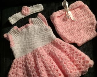 Pink & White Dress, diaper cover, headband, hand crocheted, 6-9 months