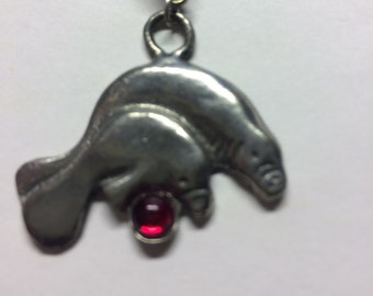 Pewter, Manatee Pendant, Ruby Red Crystal, Stainless Steel Chain, 16'  MC2