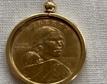 Sacagawea Dollar Pendant, 2000 D, Gold Plated Bezel
