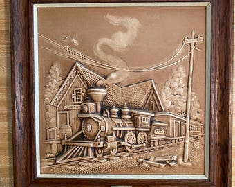 Steam Locomotive, Miller Studio, 3D Embossed Blow Mold, Wood frame, 14"x14"