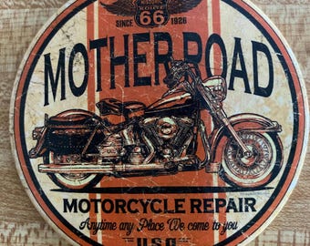 Route 66, Mother Road, Motorcycle Repair, Round Retro Magnet, 3" diameter, M1697