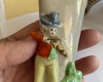 Bud Vase, Occupied Japan, Man playing Violin, 4” tall, foot damage