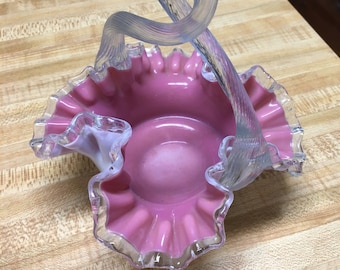 Vintage Rose, Opalescent, Blown Glass, Fenton, Ruffled, Candy Dish, Ribbon Handle, 6” high