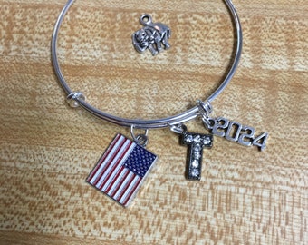 Silver plated, Bangle, Bracelet, USA flag, Rhinestone T, year 2024, charms, 2024TY