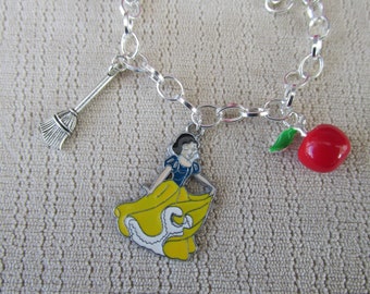 Snow White, red apple, broom, Silver plated, Bracelet  SW1