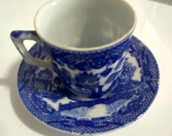 Blue Willow, Geisha, Demitasse Cup & Saucer, Flow Blue, 1890s
