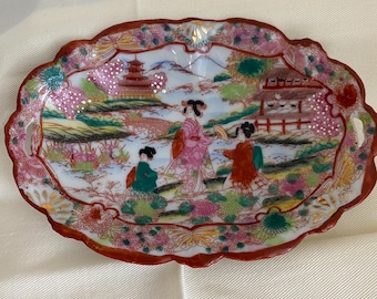 Geisha Girls, Hand Painted, Oriental, Meiji Era, 1868-89, 6.25” L  x 4” W Dish