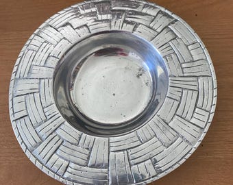 Mexican Pewter Bowl, 7” Diameter, Basket Weave