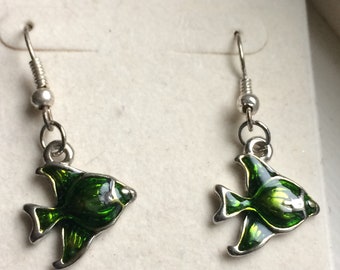 Fish, Green Enamel, Silver plated, Hooks, Earrings ER28