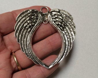Angel Wing, carved, Pendant, Connector, 2 3/4 x 2 5/8", antique silver, pewter alloy  AP-89