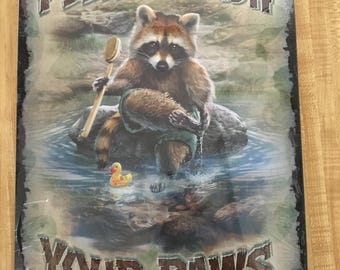 Raccoon, Please wash paws, Retro metal sign, 12 x 16, USA