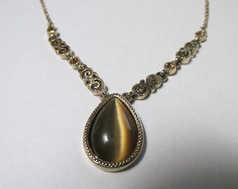 Necklace, Tiger Eye, tear drop, crystal accent, Filigree design, 16"   D004