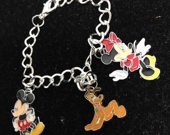Mickey, Minnie, Pluto, charm bracelet- silver plated