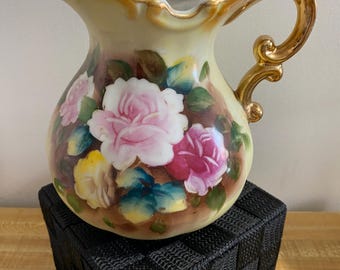 Pitcher , Hand painted, Roses & Gold Trim, Enesco, Country Decor, 6.25” tall, 1960s
