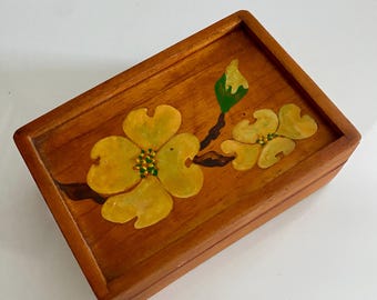 Hand painted wood trinket box, 4 1/4”L x 3 3  3/8”W x 1 3/4” H, 1” deep inside