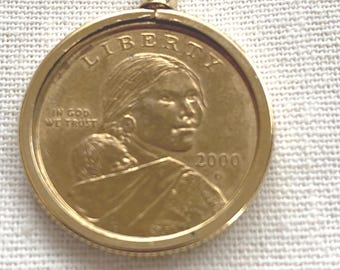 Sacagawea Dollar Pendant, assorted years, Gold Plated Bezel