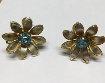 Earrings, B.N., Aqua, Flower, Screw Backs, 1950s, Vintage,  Bugbee & Niles