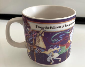 Christian World, Coffee Mug, Carousel Horses, John 1:16 verse