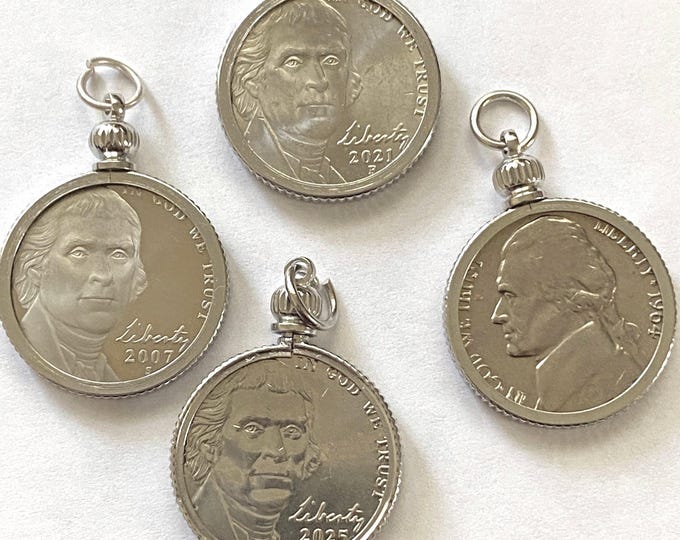 Featured listing image: Jefferson Nickel Pendant, Silver Plated Bezel, Year Choice