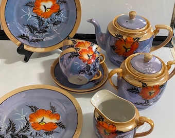 Japanese Luster Ware, Tea Set, 9 pieces, Poppy Design, 1940s